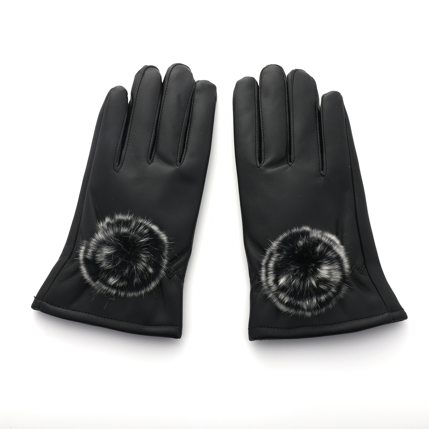 Touch Screen PU Leather Warm Gloves with Pom Pom
