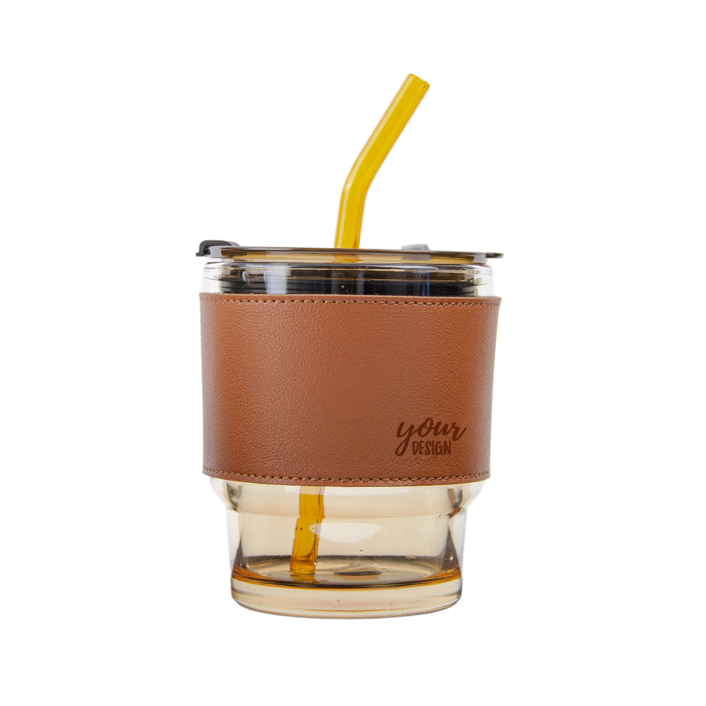 Glass Coffee Cup With Lid & Straw & Leather Sleeve1