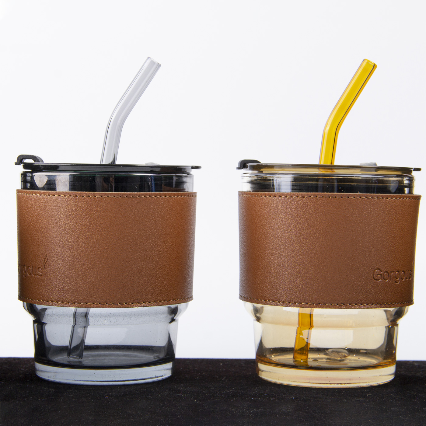 Glass Coffee Cup With Lid & Straw & Leather Sleeve3