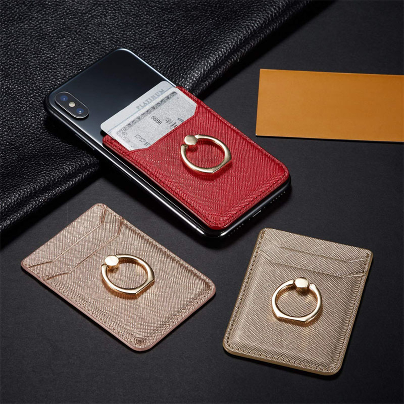 Adhesive PU Leather Phone Card Holder With Ring Stand3