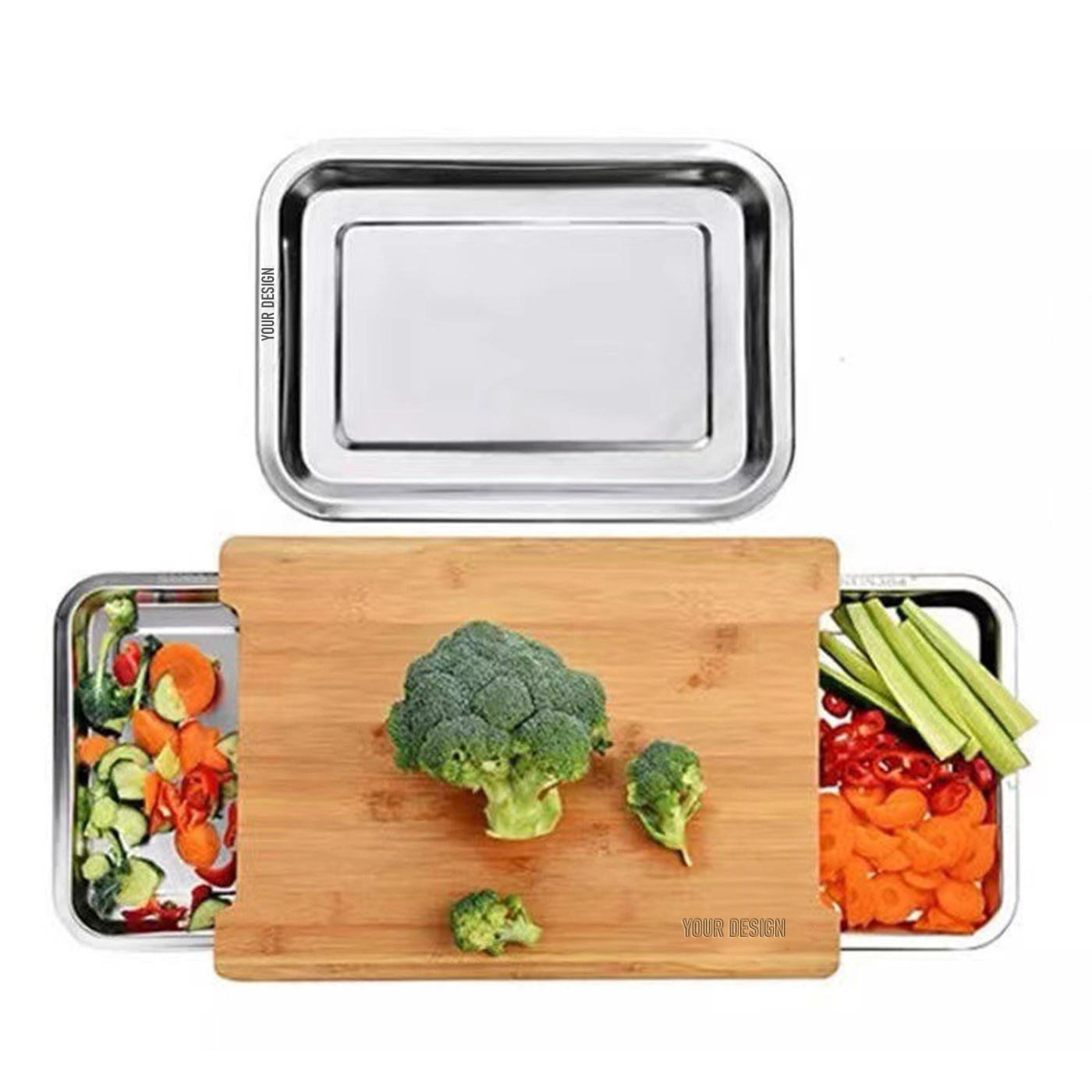 Bamboo Chopping Board With 2 Stainless Steel Tray2