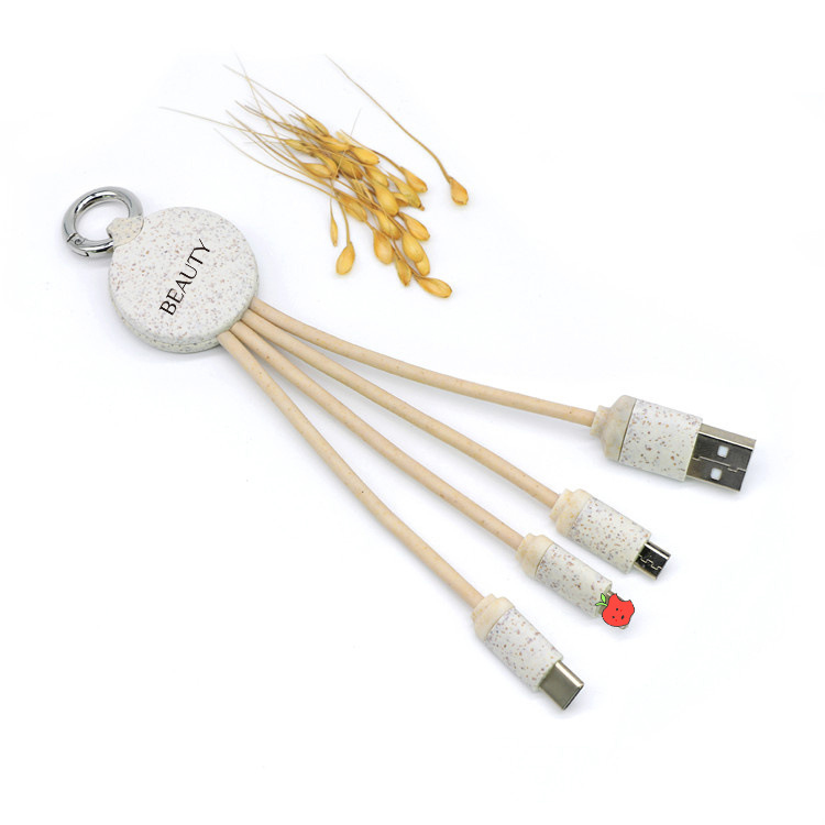 3 In 1 Wheat Straw Charging Cable With Keychain