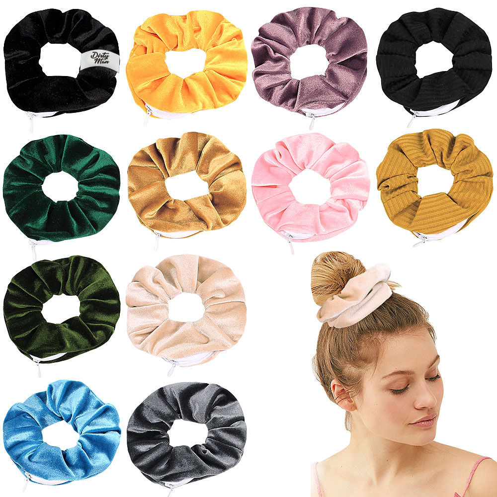 Velvet Hair Scrunchie With Zipper Pocket