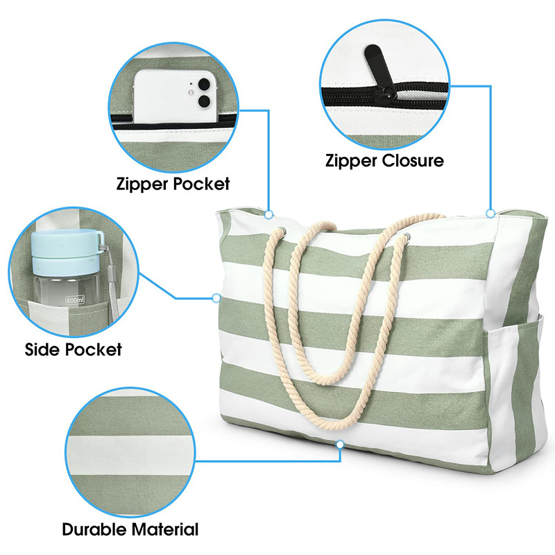 Large Capacity Canvas Striped Beach Bag1