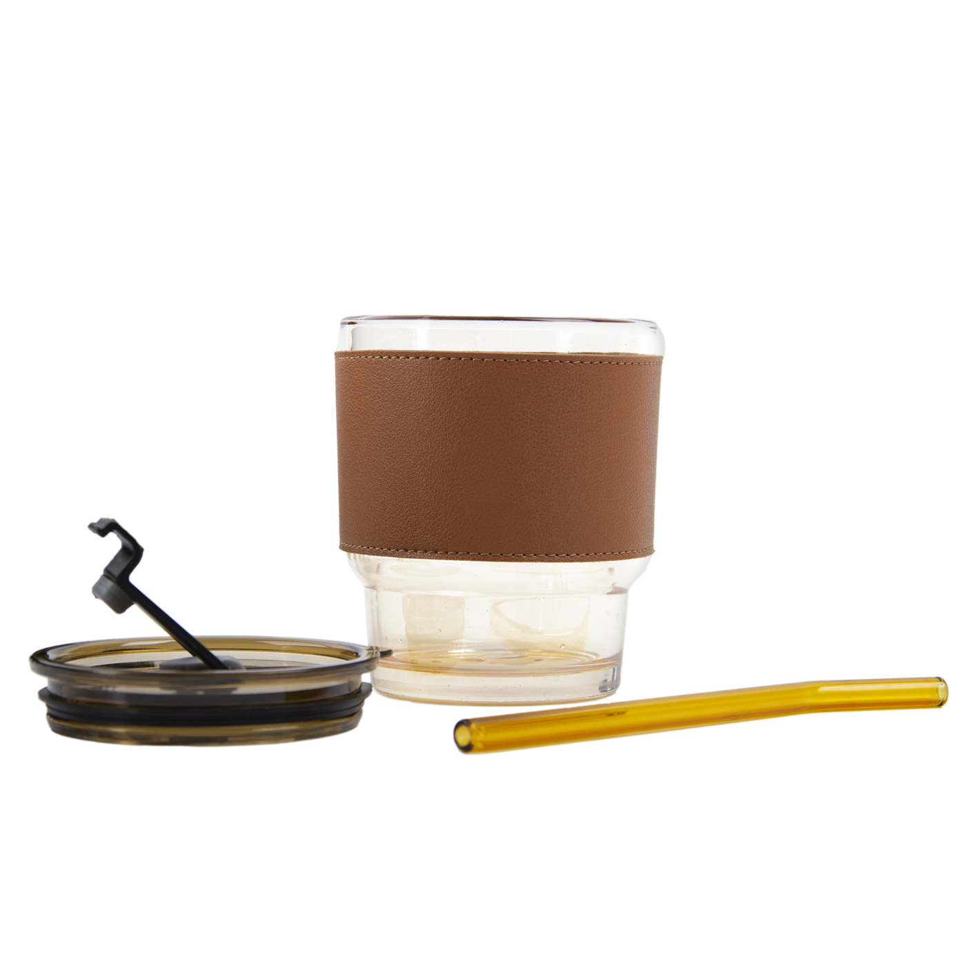 Glass Coffee Cup With Lid & Straw & Leather Sleeve2
